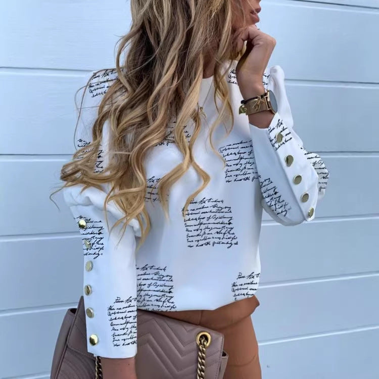 Damen Rundhalsbluse aus Viskosemix mit Ananasdruck und goldenen Dekoknopf-Manschetten Drune