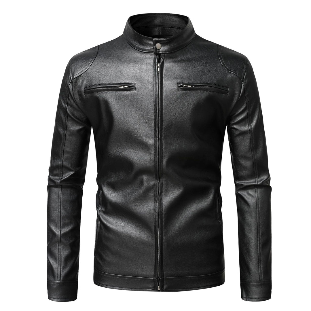 Herren Schmale Lederjacke im Urban-Bikerstil mit Stehkragen und Brust-Reißverschlusstaschen Drune