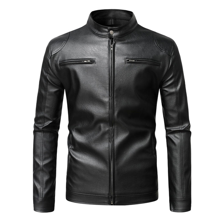 Herren Schmale Lederjacke im Urban-Bikerstil mit Stehkragen und Brust-Reißverschlusstaschen Drune