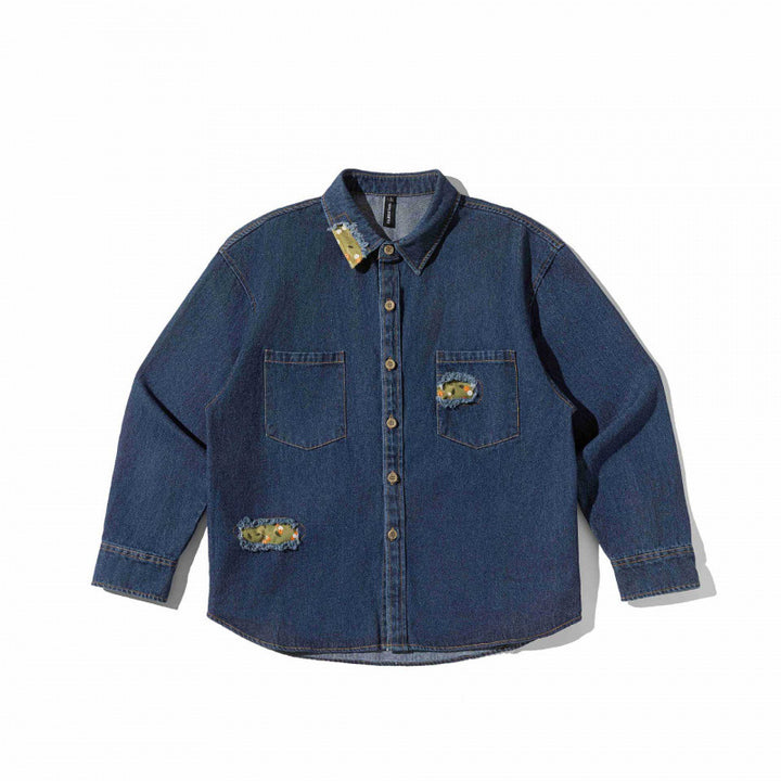 Unisex Kastenförmige Denim-Hemdjacke mit dekorativen Destroy-Applikationen und Oversized-Silhouette Drune