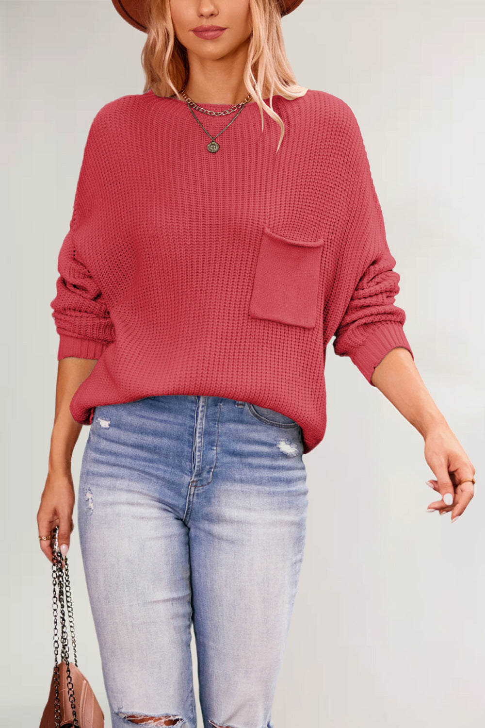 Damen lässiger Strickpullover mit Brusttasche Drune
