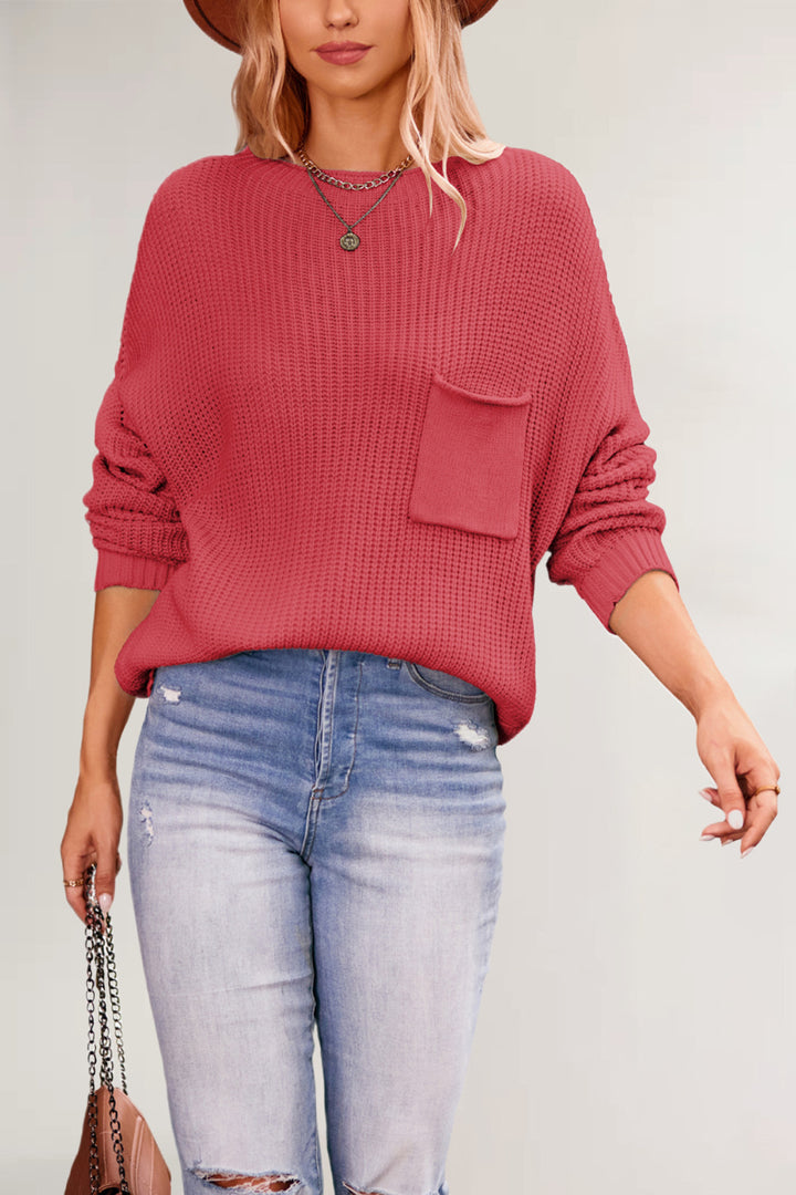 Damen lässiger Strickpullover mit Brusttasche Drune