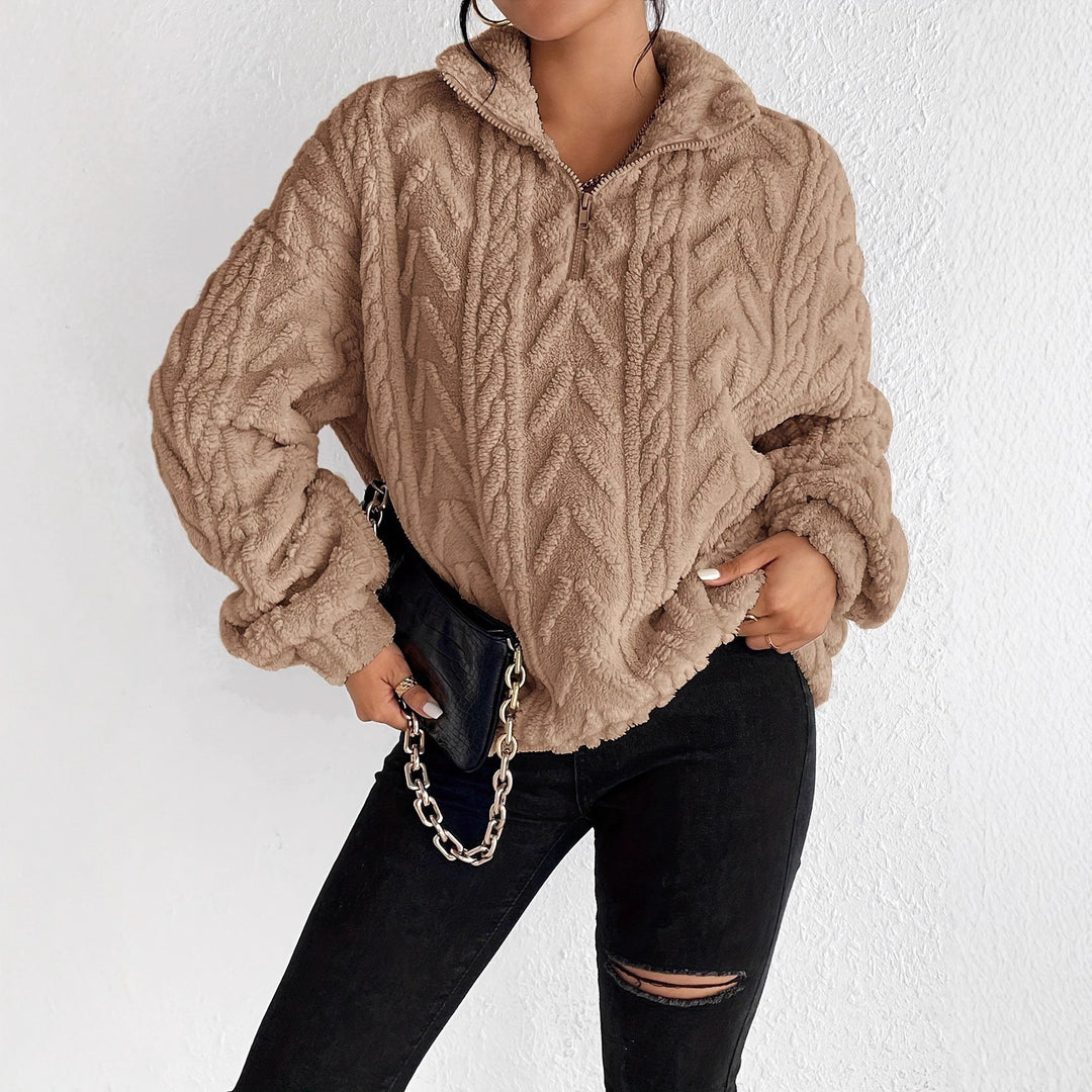 Damen Kuscheliger Fleece-Pullover mit hohem Kragen und Zipper-Detail Drune
