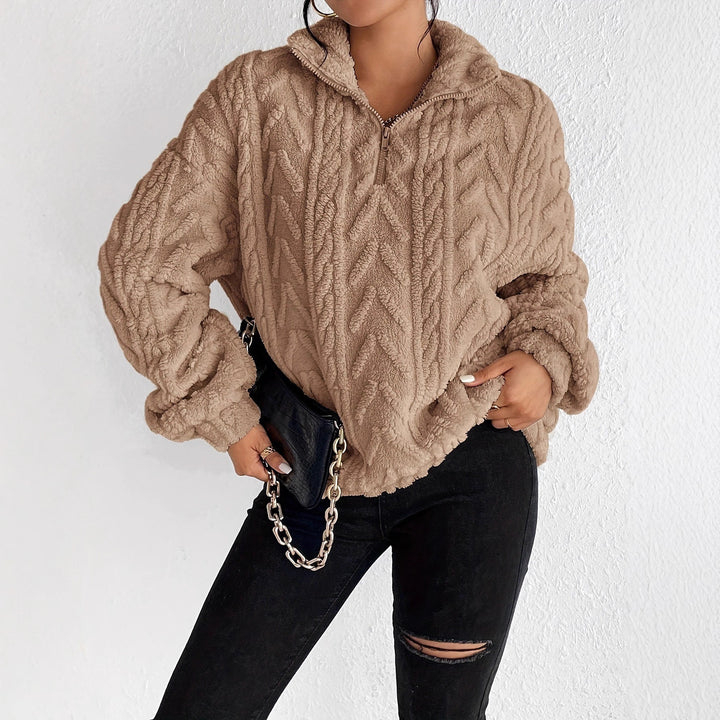 Damen Kuscheliger Fleece-Pullover mit hohem Kragen und Zipper-Detail Drune