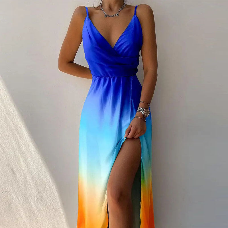 Drune | Kleid mit Hosenträgern und V-Ausschnitt mit geteiltem Print