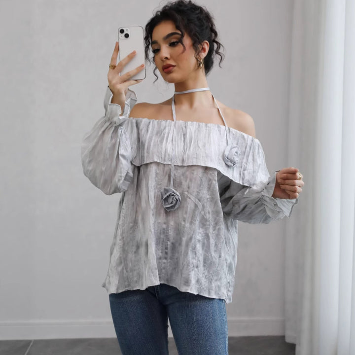 Damen Schulterfreies Crinkle-Blusentop mit Volant, Ballonärmeln und Choker Drune