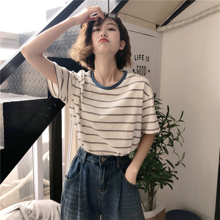 Damen Gestreiftes T-Shirt mit Rundhalsausschnitt und lockerer Passform Drune