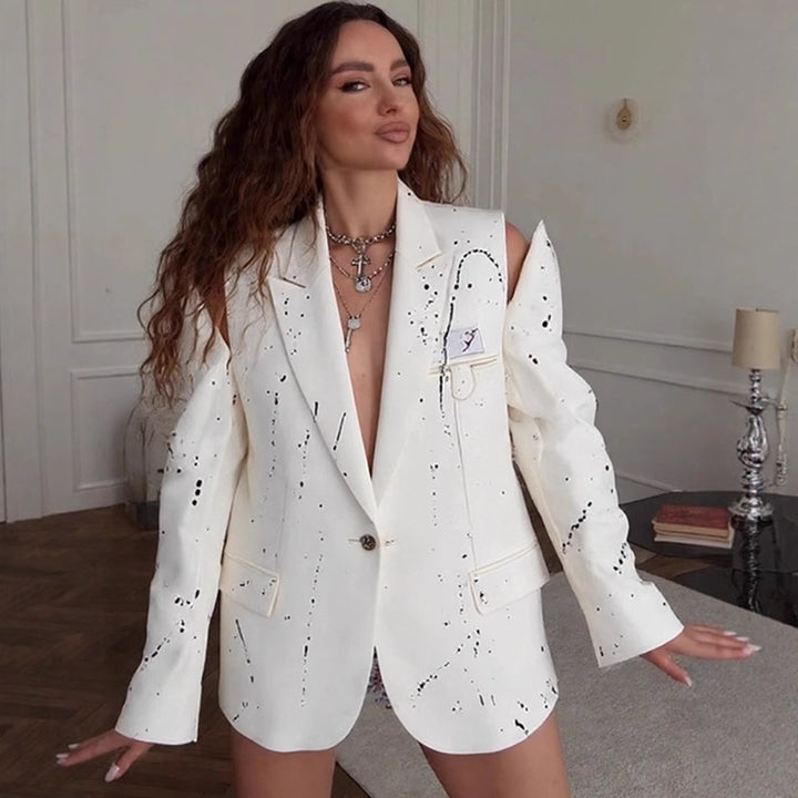 Damen Oversize-Blazer mit Cut-Out-Schultern und Paint‑Splatter‑Optik Drune