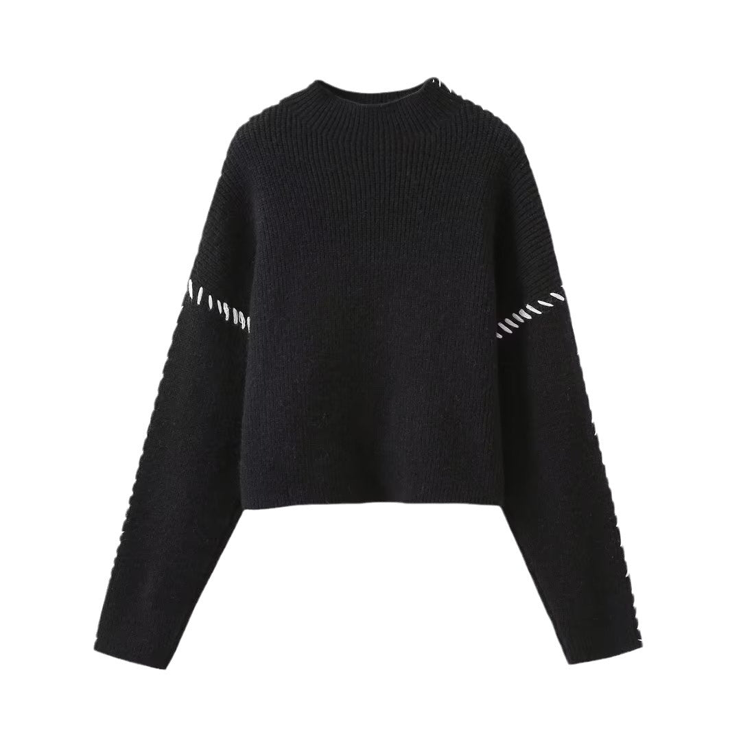 Damen Modischer Strickpullover mit hohen Ärmeln und dekorativem Kontraststich Drune