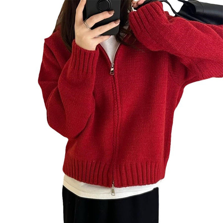 Damen lässige Strickjacke mit hochgeschlossenem Kragen und Reißverschluss Drune