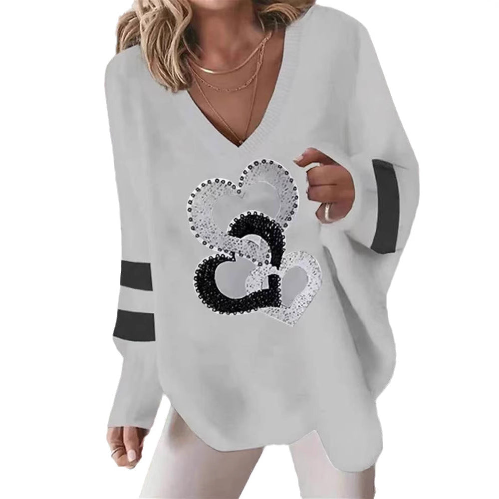 Damen nan übergroßer Strickpullover mit tiefem Ausschnitt Paillettenherz und Kontrastarmstreifen Drune