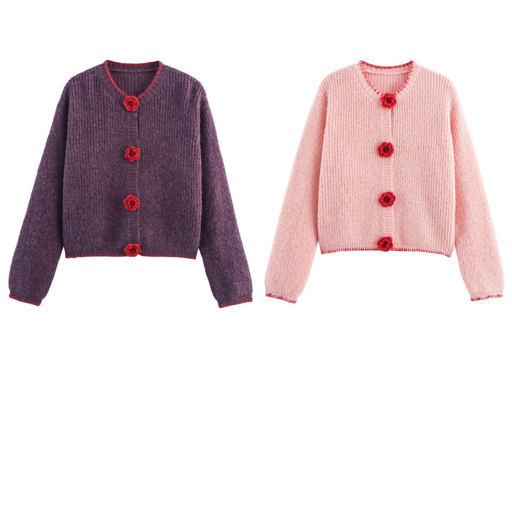 Damen Strickjacke mit dekorativen Blumenknöpfen Drune