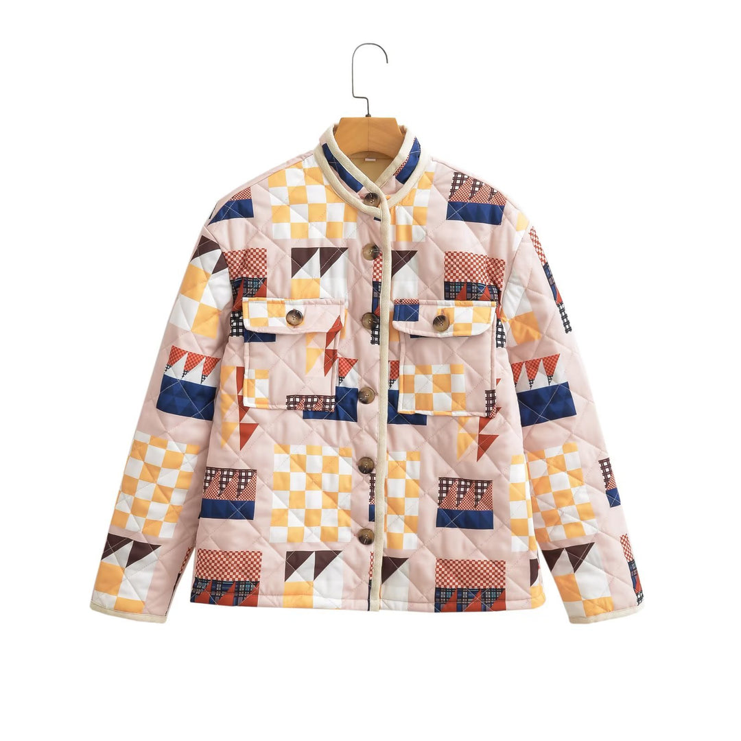 Damen nan gesteppte Patchwork-Quiltjacke mit Stehkragen und aufgesetzten Klappentaschen Drune