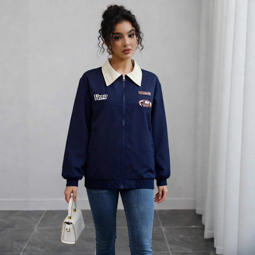 Damen Leichte Bomberjacke mit Kontrastkragen und Aufnähern Drune