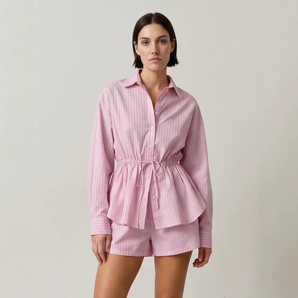 Damen Gestreiftes Loungewear-Set aus Leichtbaumwolle mit Kordel-Taille & Shorts Drune