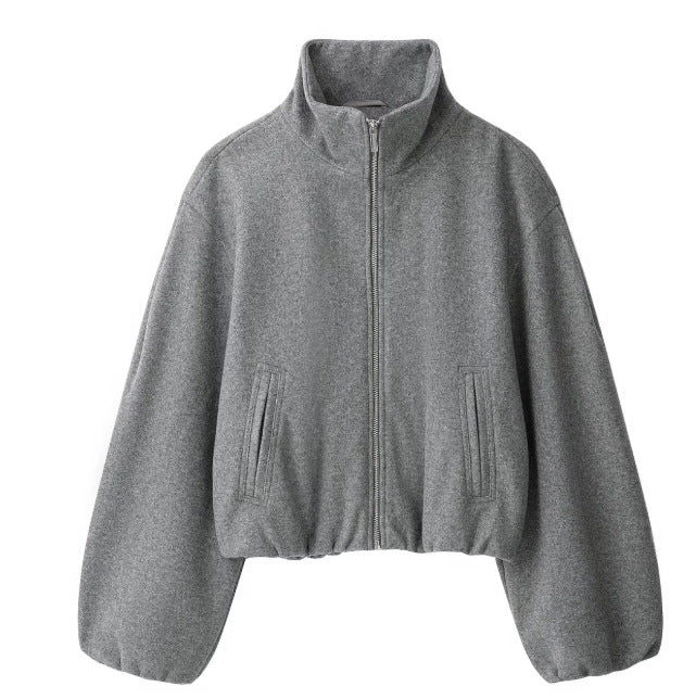 Damen Kurz geschnittene Wollmix-Jacke mit Stehkragen, Reißverschluss und Ballonärmeln Drune