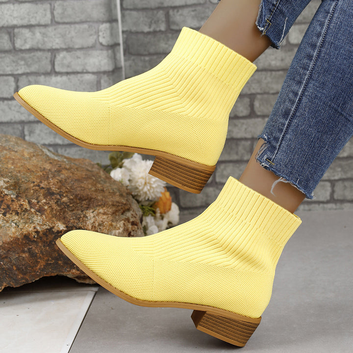 Damen nan gestrickte Sock-Ankleboots mit elastischem Schaft und niedrigem Holzblockabsatz Drune