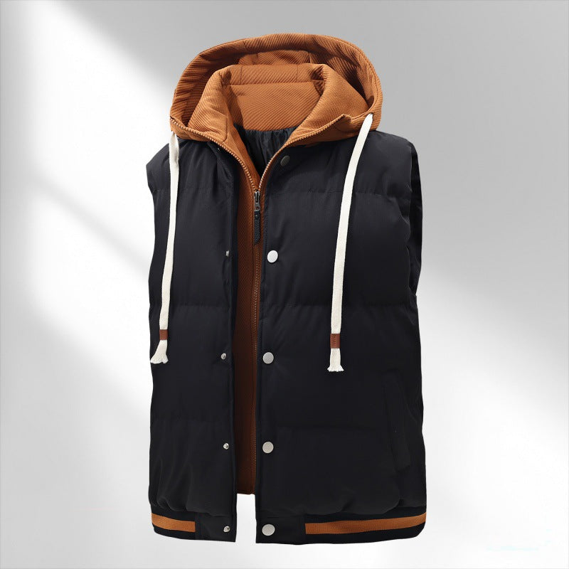 Herren gesteppte Kapuzenweste mit integriertem Hoodie-Layer, Druckknopfleiste und sportivem Geripptsaum Drune