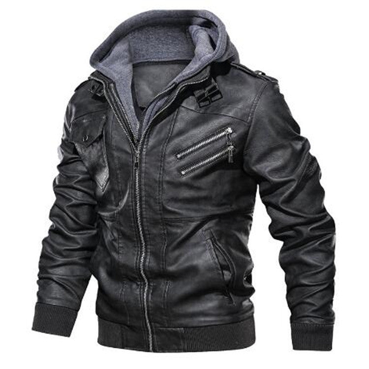Herren modische Lederjacke mit Kapuze und Innenfleece Drune
