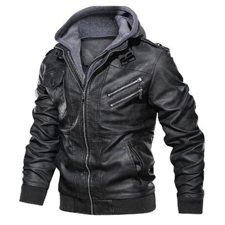 Herren modische Lederjacke mit Kapuze und Innenfleece Drune