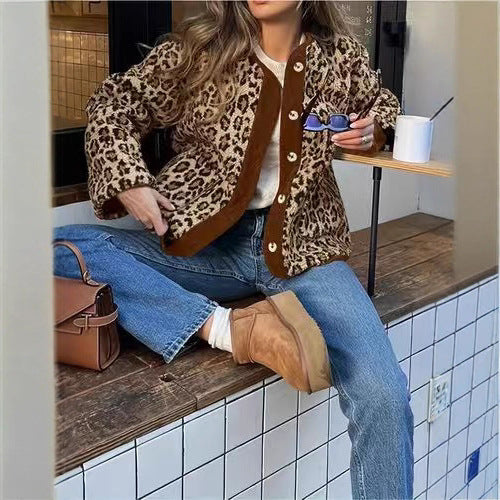 Damen warme Leopardenmuster Jacke Drune