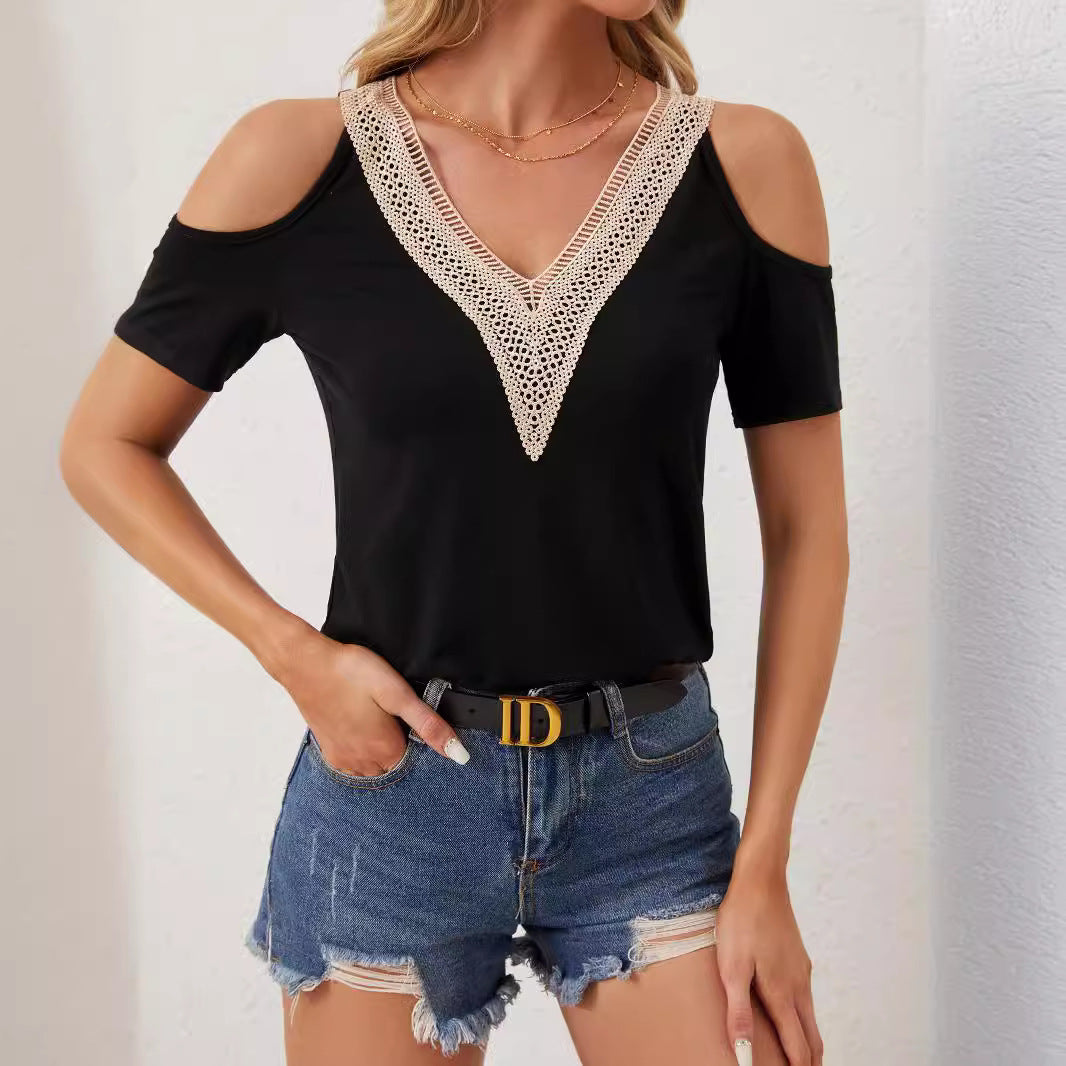 Damen nan leichtes Jerseyshirt mit offenen Schultern, tiefem V-Ausschnitt und gehäkeltem V‑Einsatz Drune