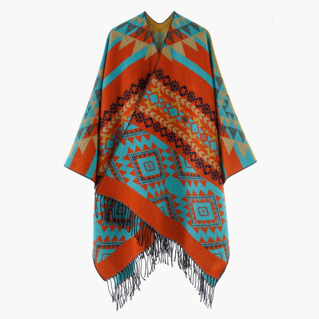 Damen Oversize Jacquard‑Überwurf im Ethno‑Muster mit Fransen Drune