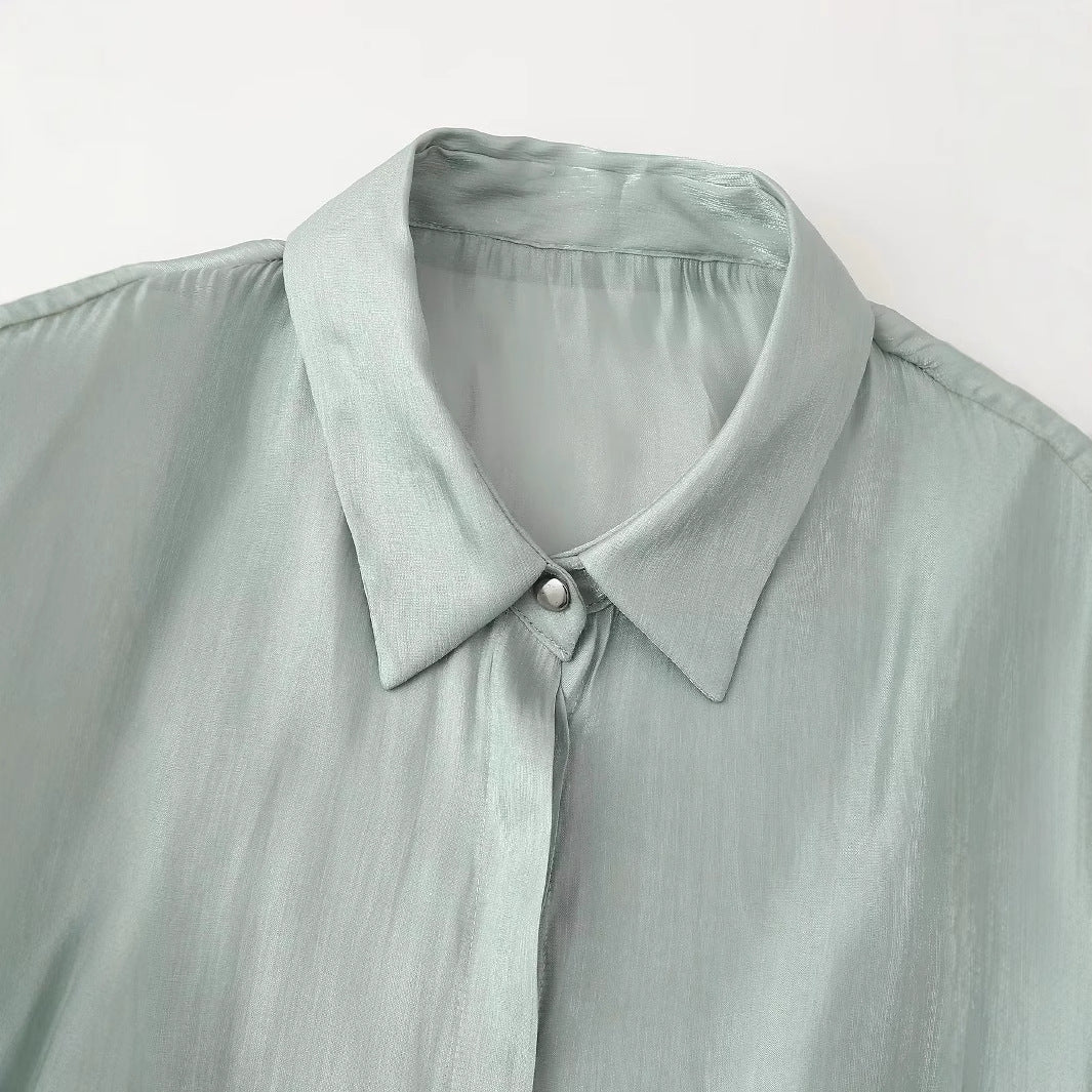 Damen nan seidenähnliche Taillierte Hemdbluse mit Bindegürtel und verdeckter Knopfleiste Drune
