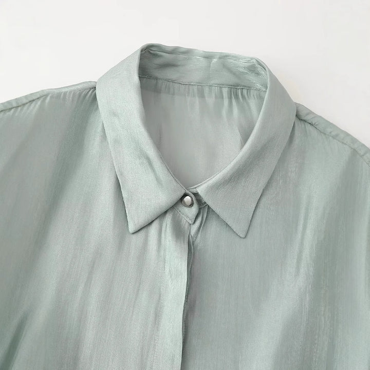 Damen nan seidenähnliche Taillierte Hemdbluse mit Bindegürtel und verdeckter Knopfleiste Drune