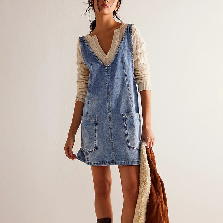 Drune | Denim Träger Pocket Verstellbares Mini Kleid