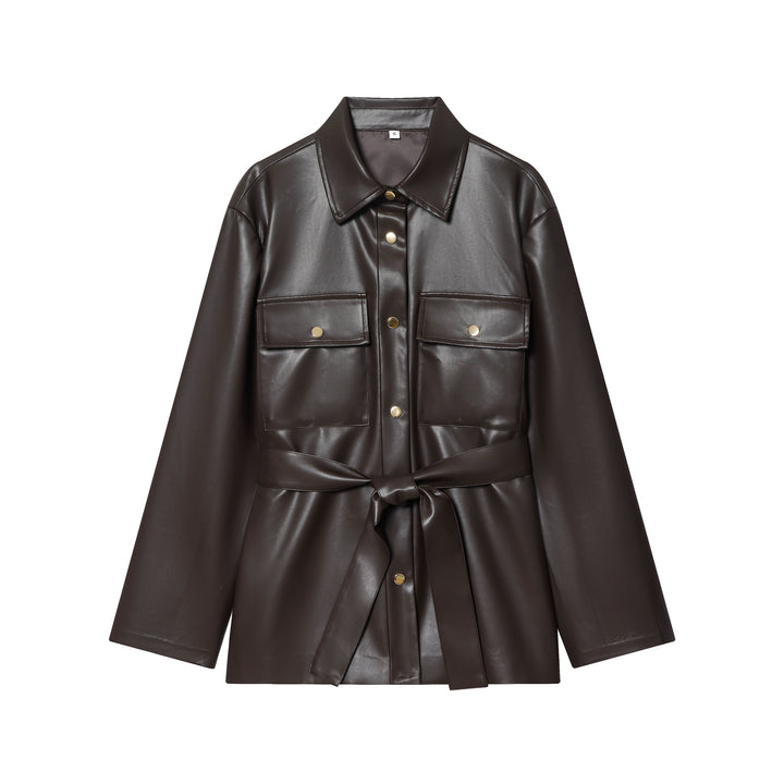 Damen nan taillierte Kunstleder-Hemdjacke mit Bindegürtel und Pattentaschen Drune