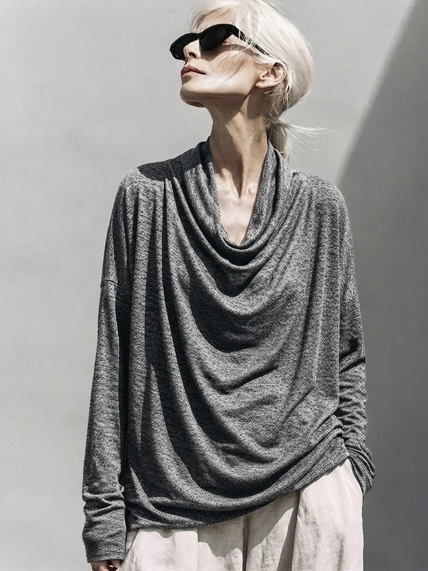 Damen Drapiertes Oversize-Langarmshirt mit Wasserfallkragen Drune