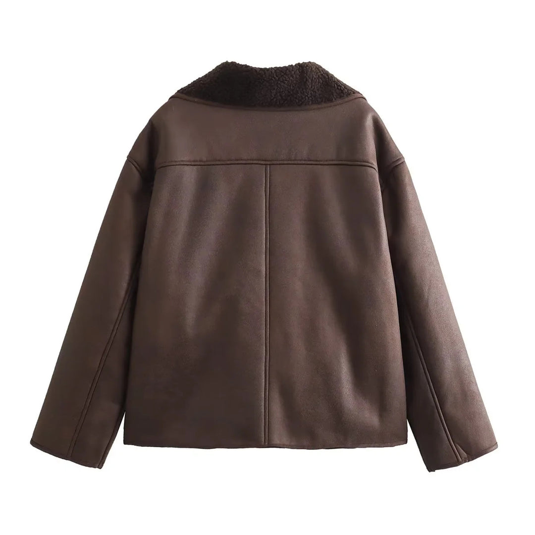 Damen nan kurze Lammfelloptik Jacke im Boxy-Schnitt mit Teddyfutter und aufgesetzten Taschen Drune
