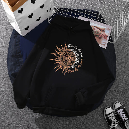 Damen nan Kapuzenpullover mit Sonn-und-Mond-Mandala, Kängurutasche und angerautem Fleece Drune