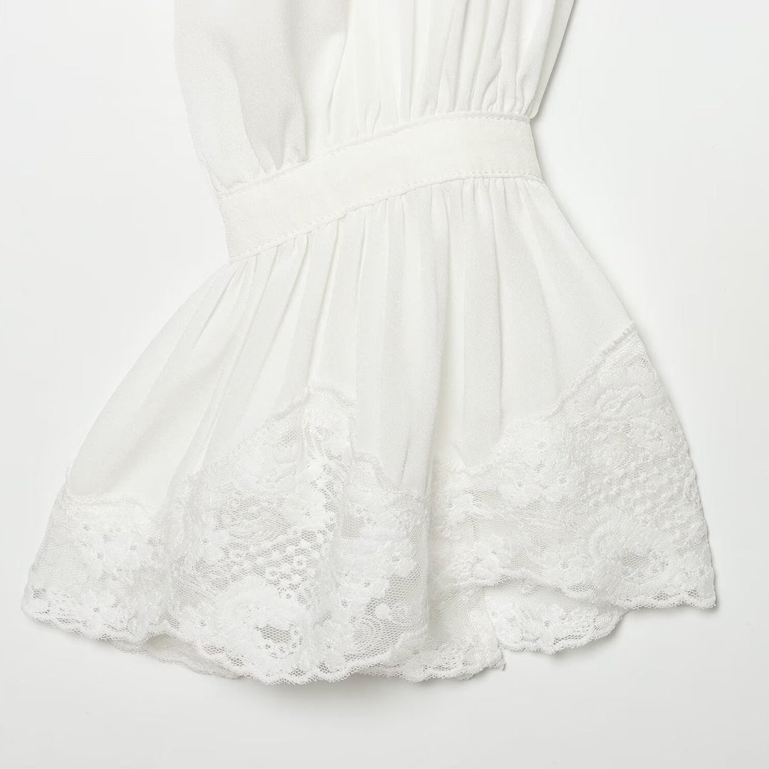 Damen Transparente Bluse mit Stehkragen, Volantenärmeln und Spitzenborte Drune