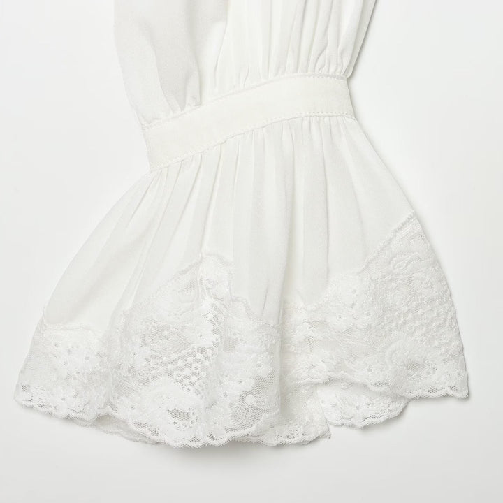 Damen Transparente Bluse mit Stehkragen, Volantenärmeln und Spitzenborte Drune