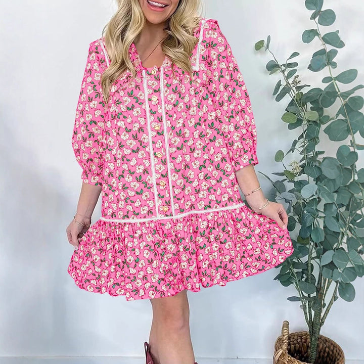 Damen blumiges Kurzarm Kleid mit geräumigen Taschen und romantischem Kragen Drune