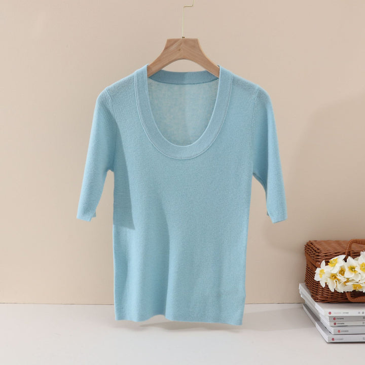 Damen Feines Feinstrick-Shirt mit tiefem Rundhals und dreiviertel Ärmeln Drune