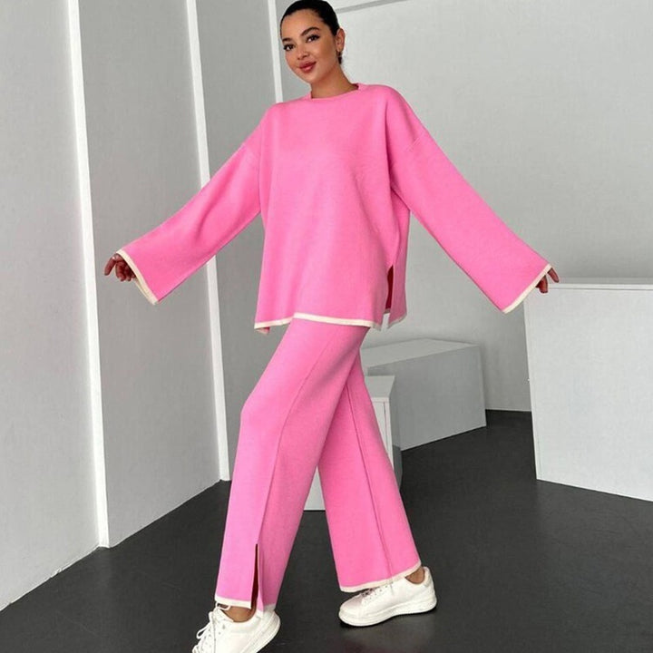 Damen Lässiges Strick-Relax-Set mit weitem Oversize-Pullover und ausgestellter Schlaghose Drune