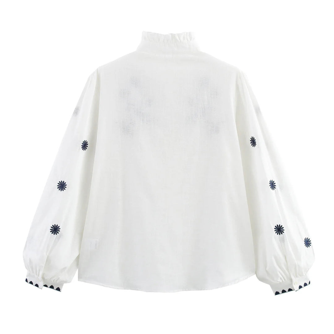 Damen nan bestickte Bluse mit Volumenärmeln und Rüschenstehkragen Drune
