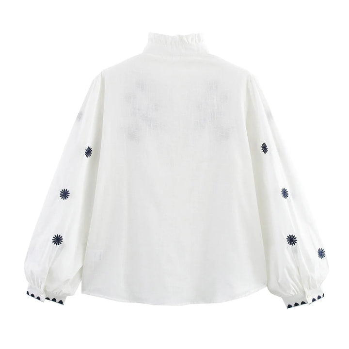 Damen nan bestickte Bluse mit Volumenärmeln und Rüschenstehkragen Drune