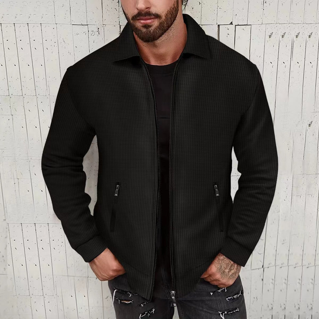 Herren minimalistische Stehkragen-Feinstrick-Übergangsjacke mit Zwei-Wege-Reißverschluss und verdeckten Reißverschlusstaschen Drune