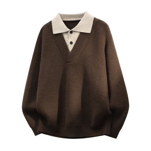Herren Grobstrick-Pullover mit tiefem V-Ausschnitt und kontrastierendem Polokragen Drune