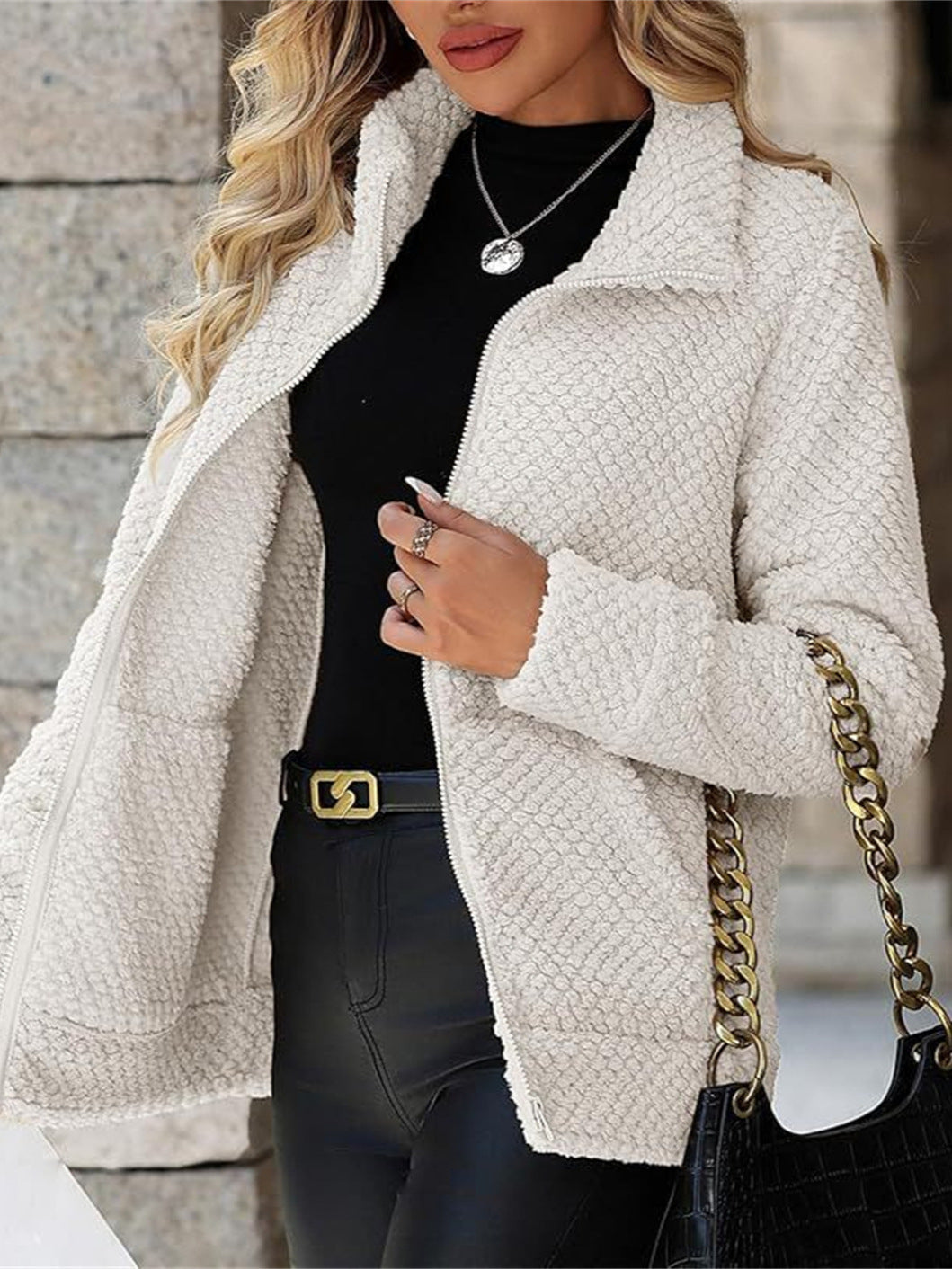 Damen Teddy-Fleece Jacke mit Reißverschluss und Stehkragen Drune