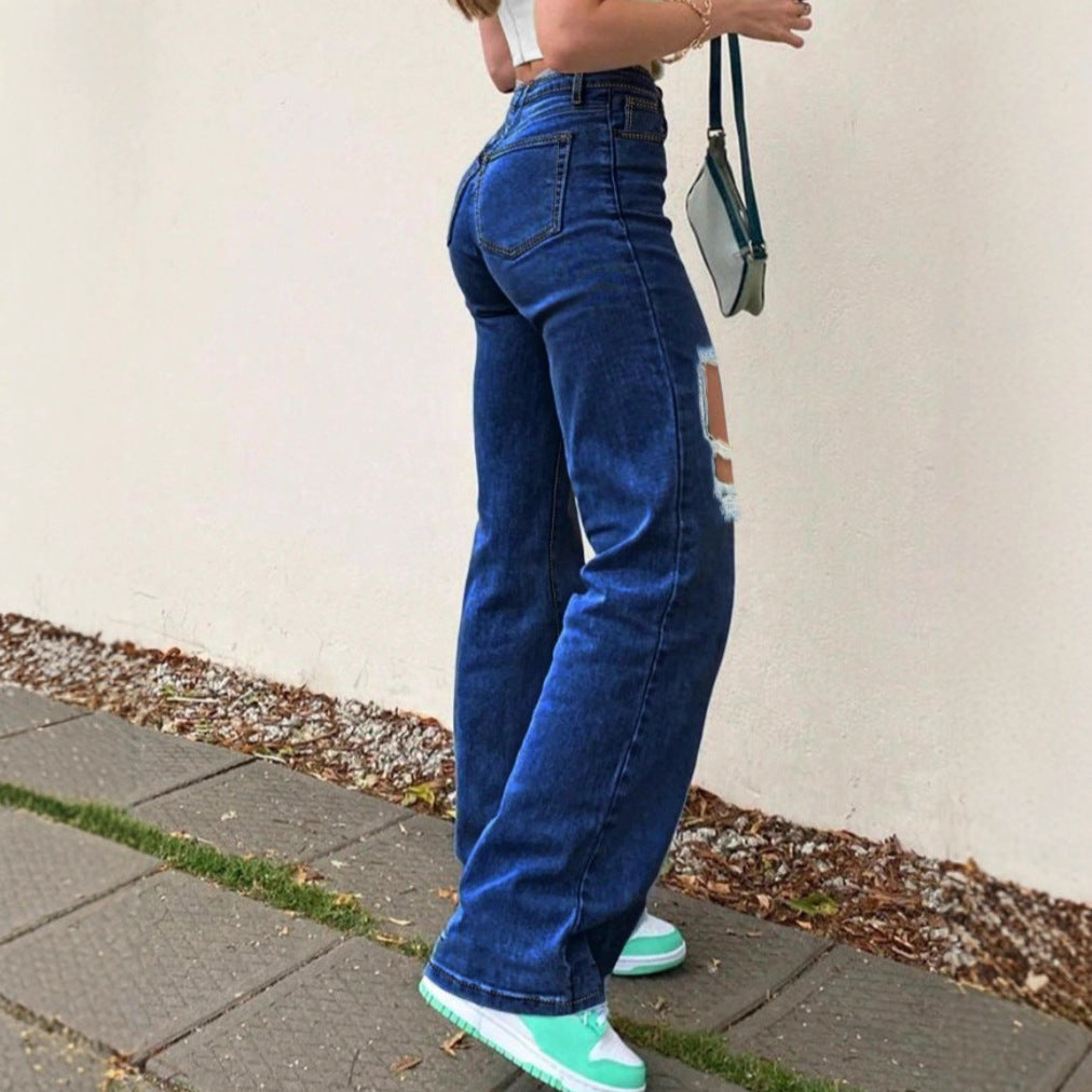 Damen High-Waist Flared-Jeans im Retro-Bootcut mit kniehohen Cut-Outs und Five-Pocket-Design Drune