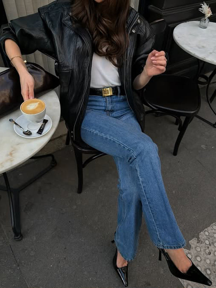 Damen Gerade geschnittene Jeans mit hoher Taille, rohem Saum und leichtem Bootcut Drune