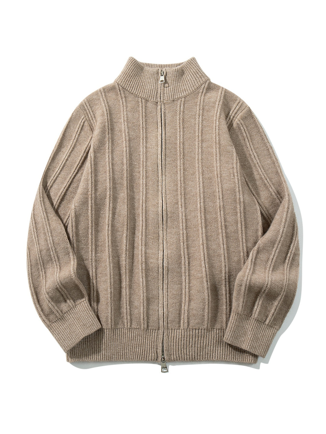 Unisex Geraffte Strick-Zipjacke mit hohem Stehkragen und vertikaler Struktur Drune