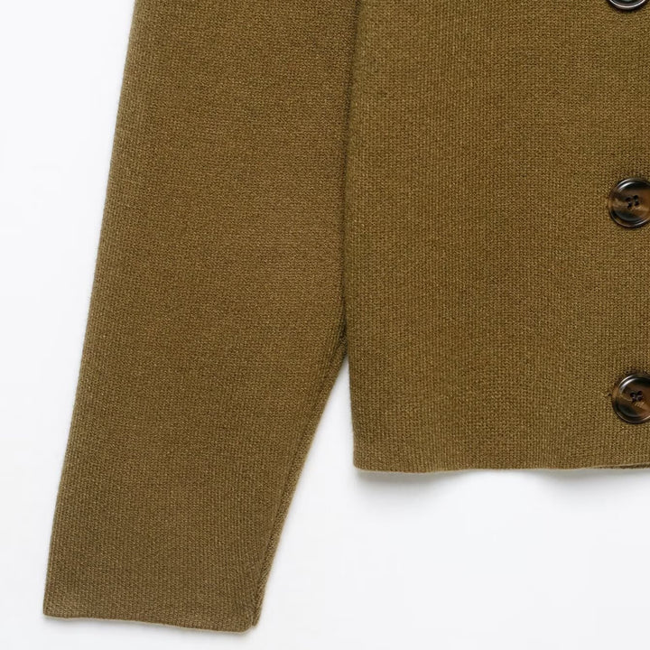 Damen Doppelreihige Cropped Strickjacke mit Stehkragen Drune