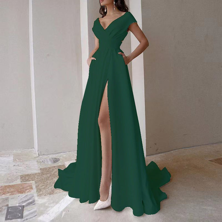 Damen elegantes Maxikleid mit tiefem V-Ausschnitt und seitlichem Schlitz Drune