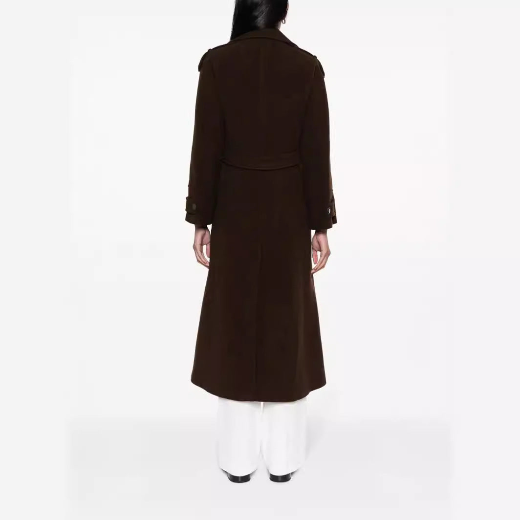 Damen Bodenlanger Doppelreihiger Trenchcoat aus Wollmix mit Schulterpatten und verdecktem Taillengürtel Drune